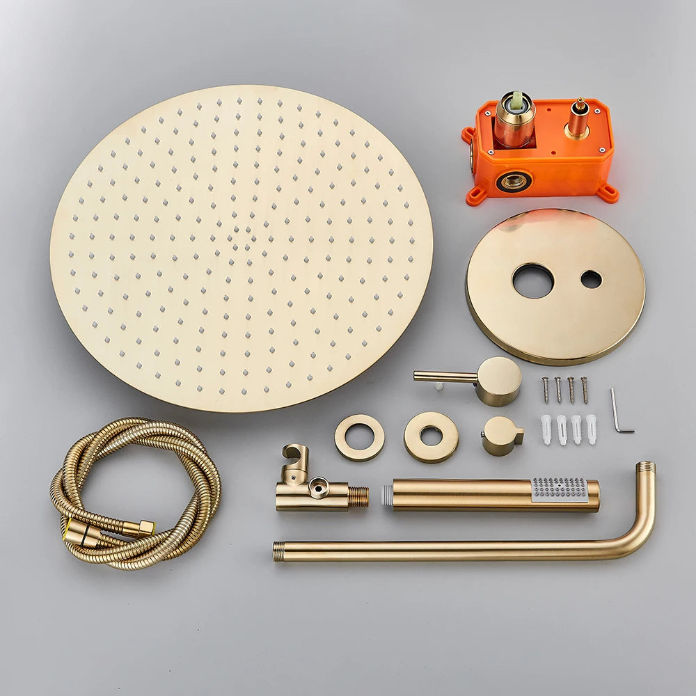 Torneira de chuveiro dourada escovada, embutida em 2 maneiras, misturadores de chuveiro, montagem na parede, chuveiro de banheiro, cabeça de aço inoxidável