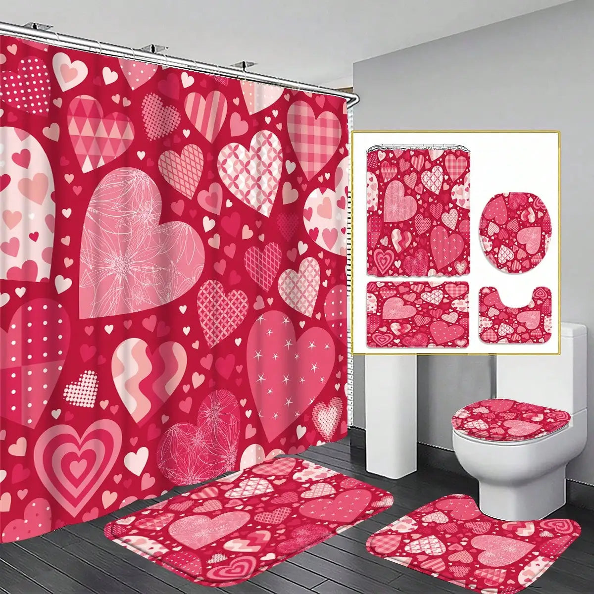 Conjunto de banheiro de 4 peças, cortina de chuveiro de tecido à prova d'água estilo palácio com 12 ganchos, tapete de banheiro antiderrapante, tampa de vaso sanitário em forma de u