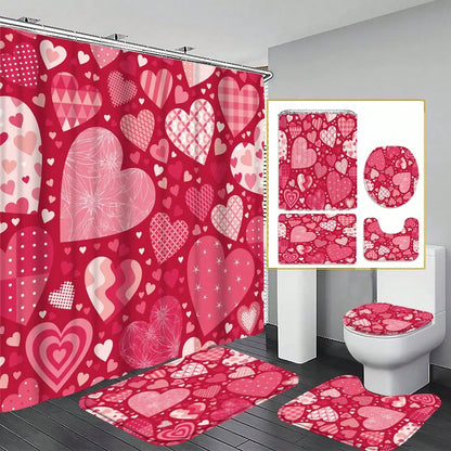 Conjunto de banheiro de 4 peças, cortina de chuveiro de tecido à prova d'água estilo palácio com 12 ganchos, tapete de banheiro antiderrapante, tampa de vaso sanitário em forma de u