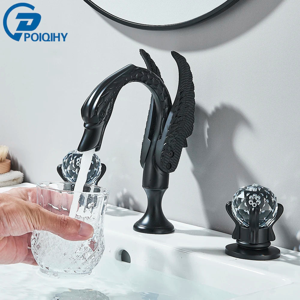 Poiqihy cisne torneira da bacia deck montado navio do banheiro pia misturadora alças duplas 3 furos generalizada torneira do banheiro dourada