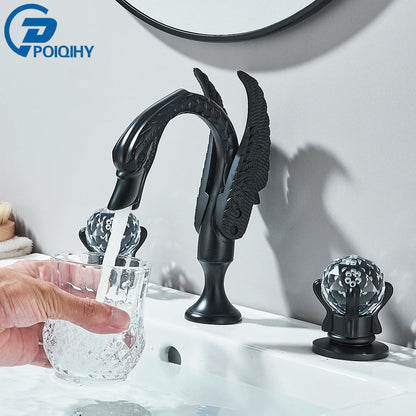 Poiqihy cisne torneira da bacia deck montado navio do banheiro pia misturadora alças duplas 3 furos generalizada torneira do banheiro dourada