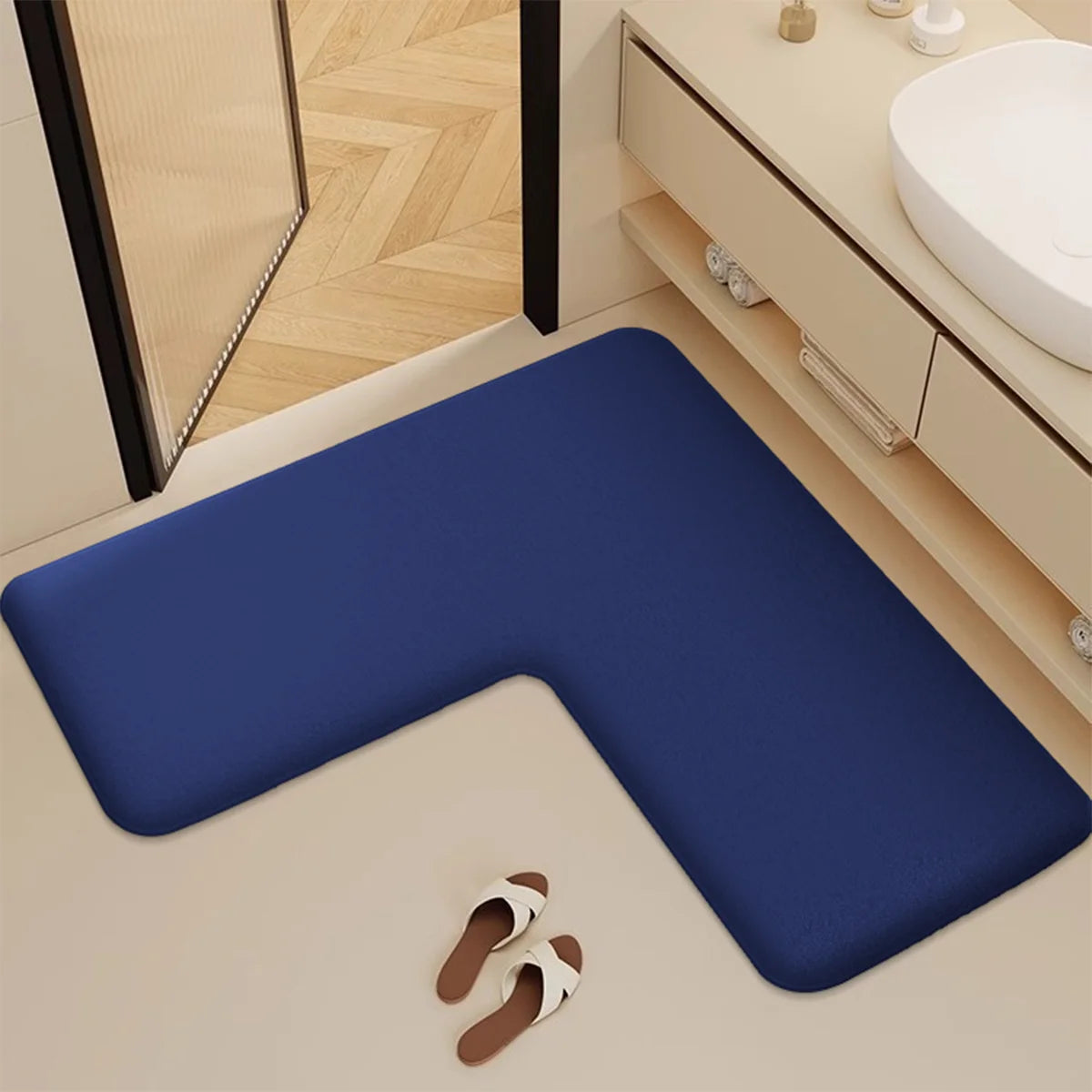 Tapete absorvente de flanela em forma de l para banheiro, tapete peludo para pés de banheiro, antiderrapante e resistente à sujeira