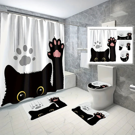 Conjunto de cortina de banheiro de gato preto de 4 peças, conjunto de cortina de banheiro à prova d'água impressa em 3D digital, cortina de banheiro sem furos