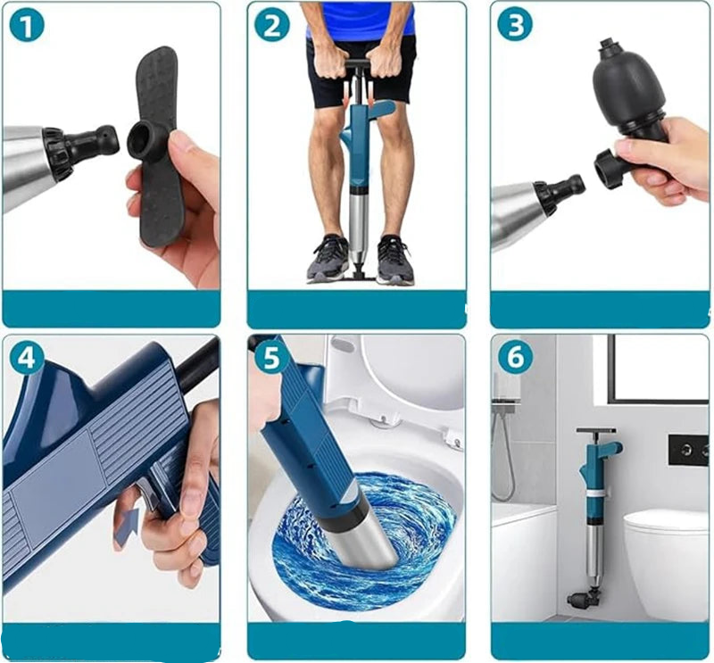 Poderoso êmbolo de vaso sanitário, tubo de aço inoxidável, desbloqueador pneumático de alta pressão, drenagem de ar, conjunto de ferramentas blaster