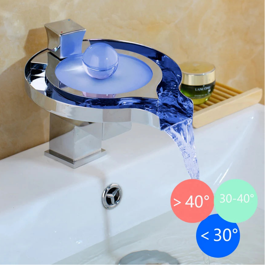 ZAPPO LED RGB Bacia Do Banheiro Torneira Da Pia Cachoeira Latão Banheiro Vaso Misturador Pia Torneira Acabamento Cromado Quente Torneiras De Água Fria