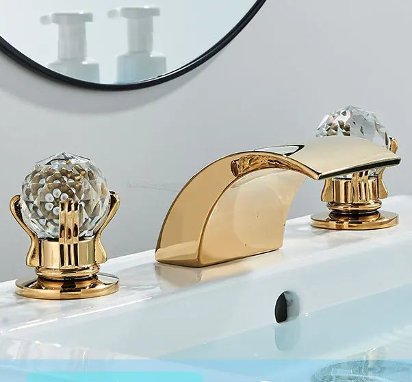 Torneira da bacia do banheiro cristalina alça dupla pia quente e fria torneira misturadora da pia do banheiro deck montado bacia 3 conjunto torneira da banheira