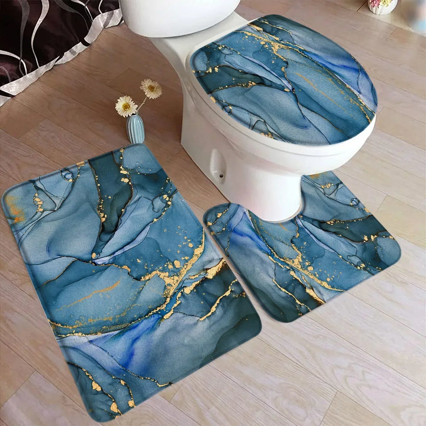 Conjunto de tapete de banho abstrato turquesa, arte moderna com tinta, padrão texturizado, decoração de banheiro, tampa de vaso sanitário