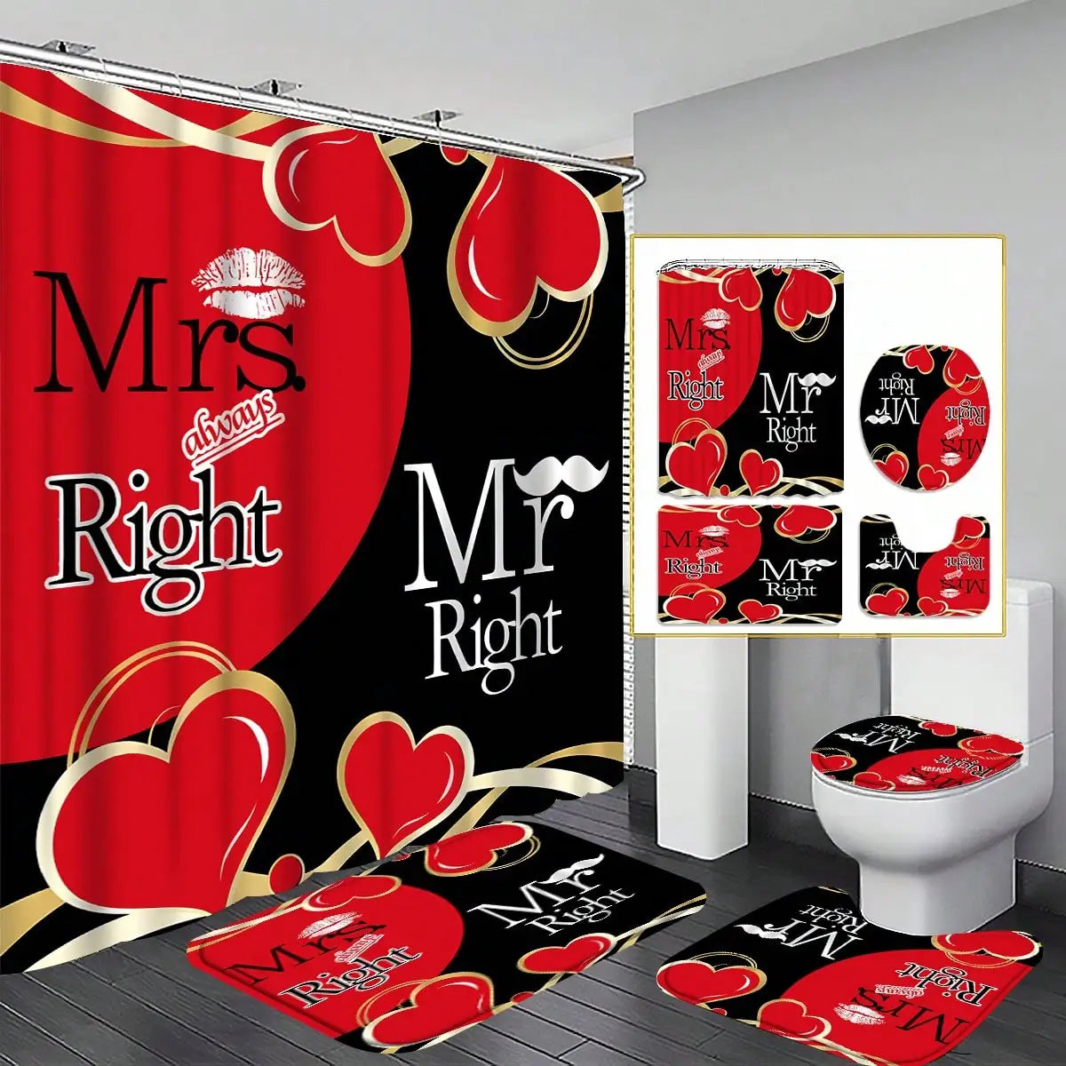 Conjunto de banheiro de 4 peças, cortina de chuveiro de tecido à prova d'água estilo palácio com 12 ganchos, tapete de banheiro antiderrapante, tampa de vaso sanitário em forma de u