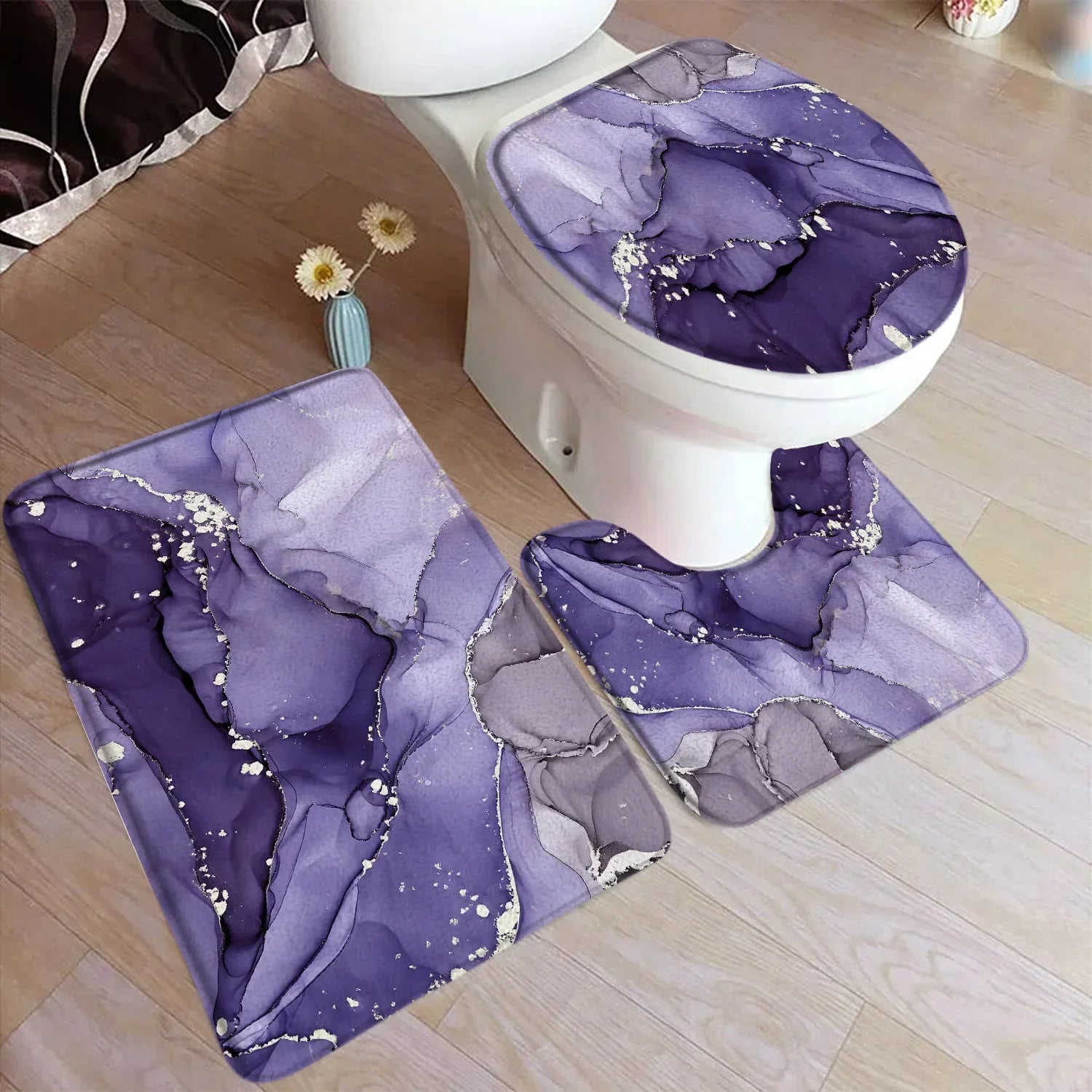 Conjunto de tapete de banho abstrato turquesa, arte moderna com tinta, padrão texturizado, decoração de banheiro, tampa de vaso sanitário