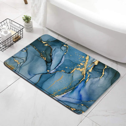 Conjunto de tapete de banho abstrato turquesa, arte moderna com tinta, padrão texturizado, decoração de banheiro, tampa de vaso sanitário