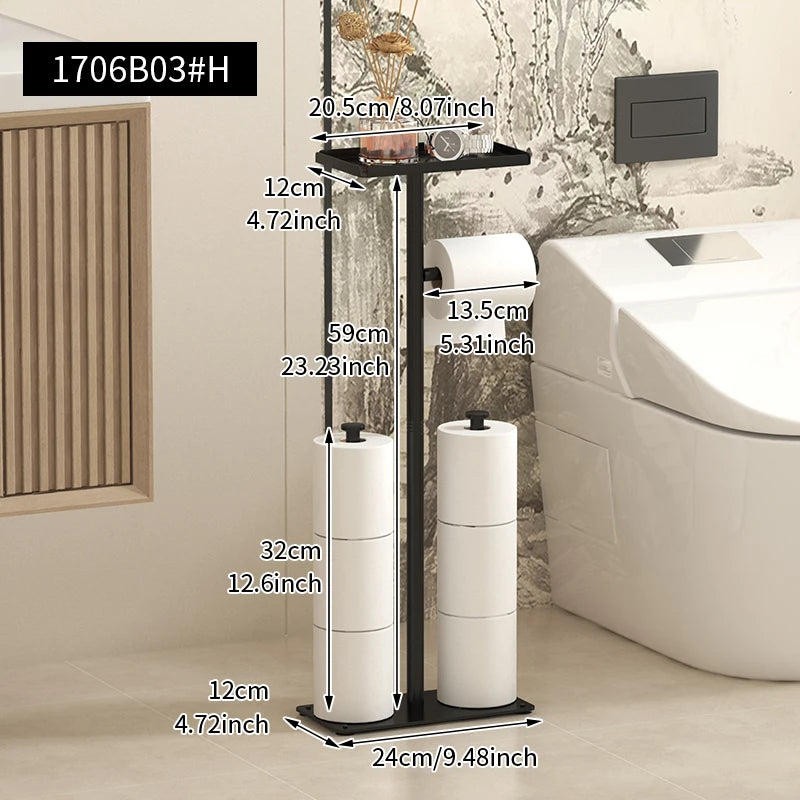 Rack de papel higiênico de chão, rack sanitário de banheiro dourado com bandeja de telefone, rack de armazenamento multifuncional