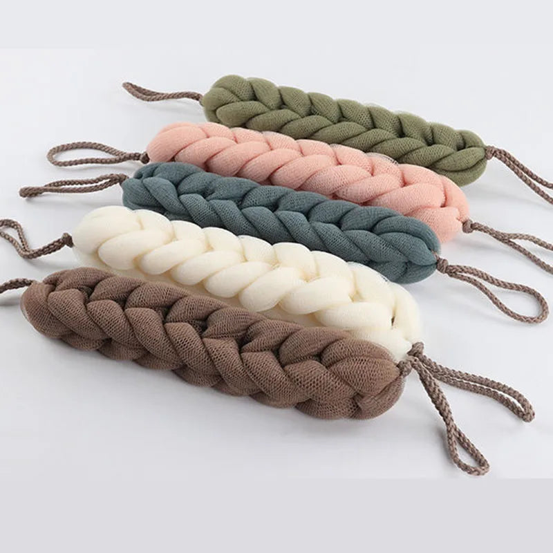 1 pçs alça traseira macia purificador de banho bolhas ricas escova corporal barras de chuveiro malha puff esfoliante massagem banho bola flor banheiro