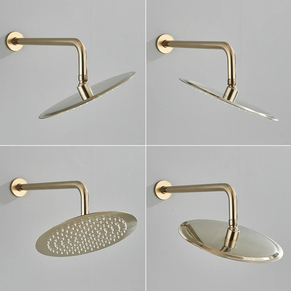 Torneira de chuveiro dourada escovada, embutida em 2 maneiras, misturadores de chuveiro, montagem na parede, chuveiro de banheiro, cabeça de aço inoxidável