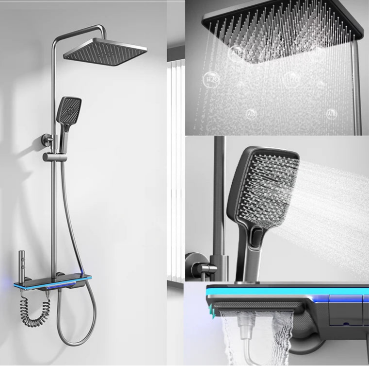 Conjunto de sistema de chuveiro inteligente para banheiro, banheira, chuvas, display digital, misturador de temperatura, conjuntos de torneira de chuveiro com lâmpada atmosférica