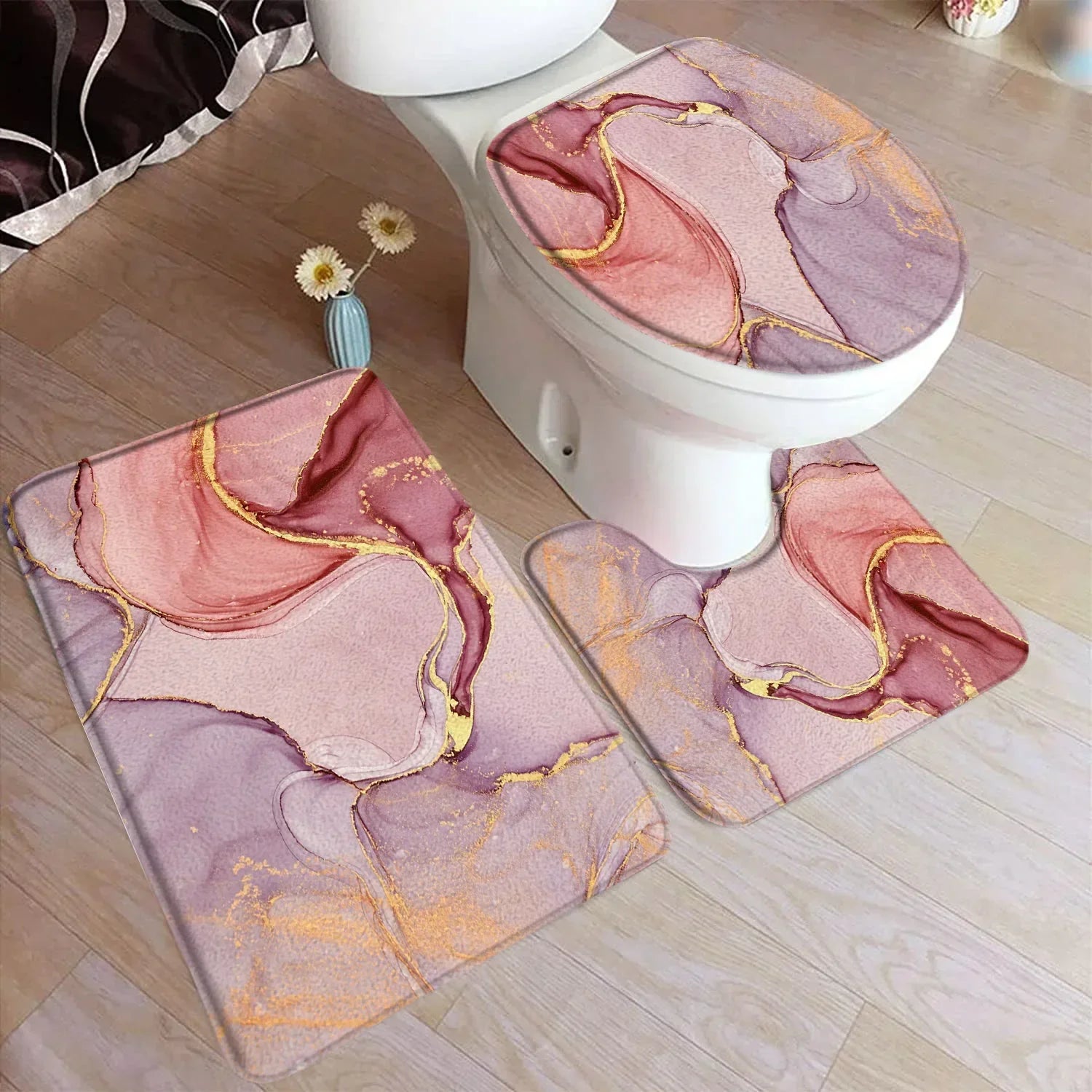 Conjunto de tapete de banho abstrato turquesa, arte moderna com tinta, padrão texturizado, decoração de banheiro, tampa de vaso sanitário