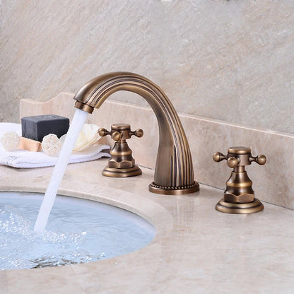 Antique Brass Classic Torneira De Pia De Banheiro, Double Cross Handle, 3 furos Banheiro, torneiras misturadoras, ouro, 3pcs