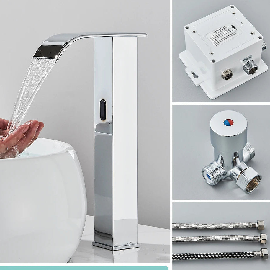 Rozin preto inteligente sensor torneira da bacia do banheiro touchless automático sentido misturador cachoeira água quente e fria lavatório guindaste