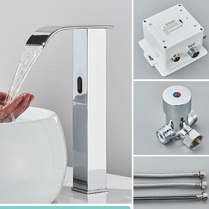 Rozin preto inteligente sensor torneira da bacia do banheiro touchless automático sentido misturador cachoeira água quente e fria lavatório guindaste