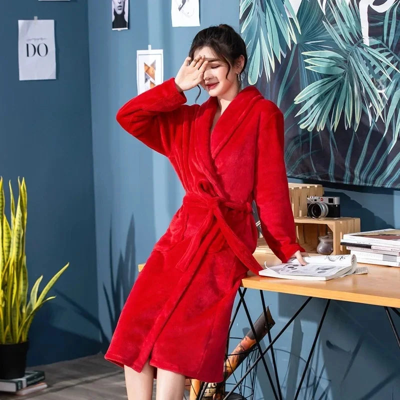 Casais estilo hotel longo roupão de banho coral velo flanela branco vestido de manhã feminino pijamas masculinos outono inverno