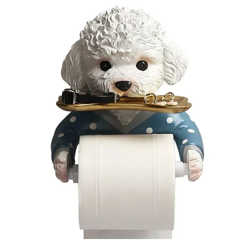 Suporte de papel higiênico para cachorro de pelúcia, desenho animado, sem perfuração, montagem na parede, rolo de papel higiênico, bandeja de armazenamento, decoração de banheiro