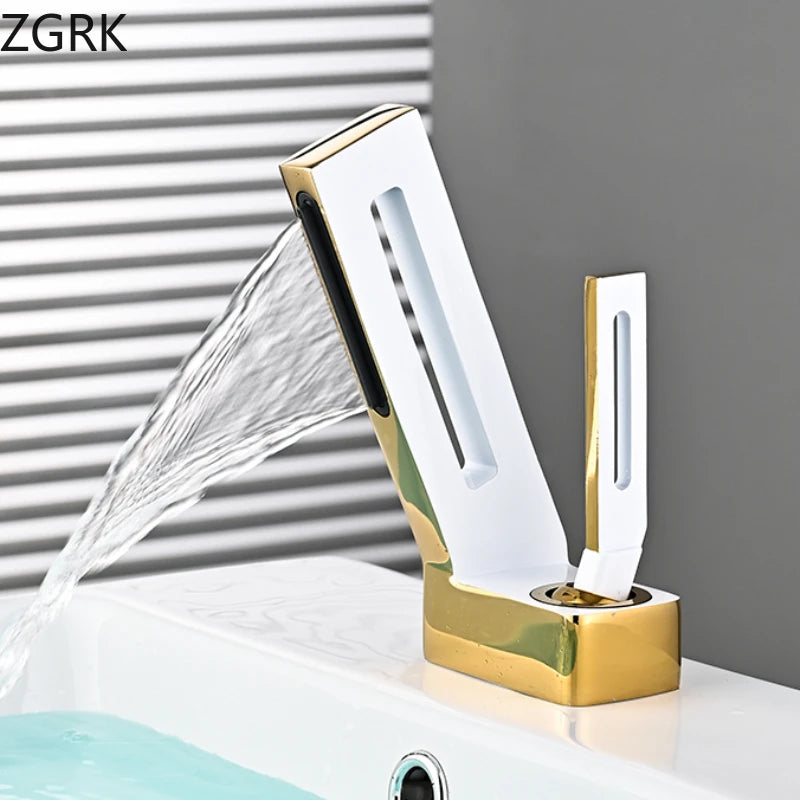 Torneira de cachoeira para banheiro, Torneira de pia de latão, Torneira misturadora de água quente e fria, Esvaziada, Design criativo