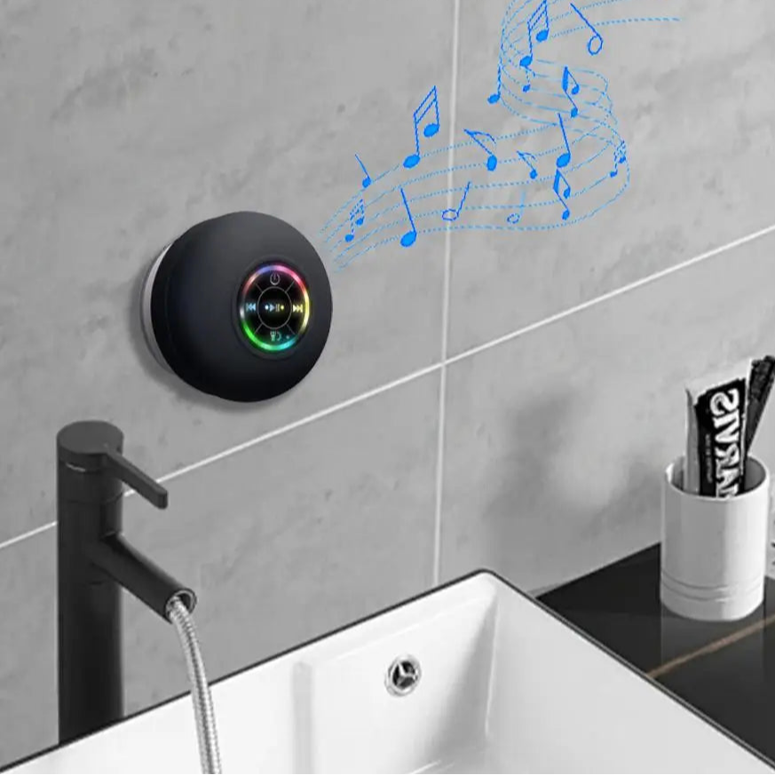 Alto-falante Bluetooth à prova d'água com luzes LED coloridas, ventosa forte e suporte para telefone, mini alto-falante portátil para exterior/espelho