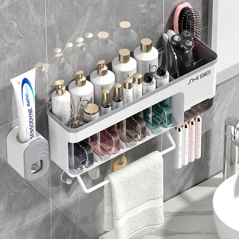 Suporte de parede para escova de dentes, com copo, rack de armazenamento multifuncional para escova de dentes, pasta de dente, toalha suspensa, organizadores de banheiro