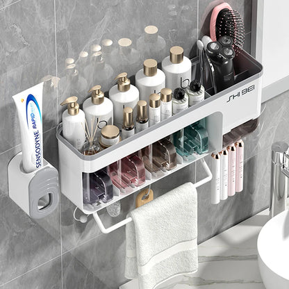 Suporte de parede para escova de dentes, com copo, rack de armazenamento multifuncional para escova de dentes, pasta de dente, toalha suspensa, organizadores de banheiro