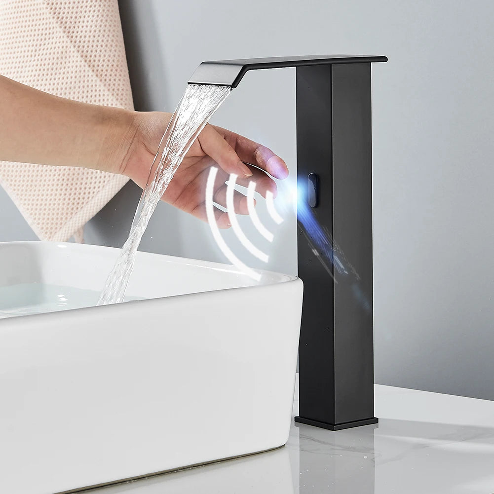 Rozin preto inteligente sensor torneira da bacia do banheiro touchless automático sentido misturador cachoeira água quente e fria lavatório guindaste