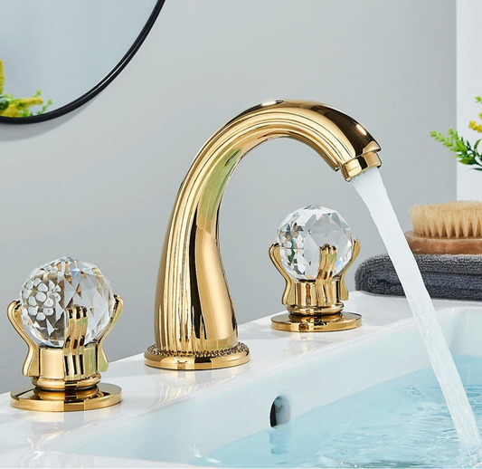 Torneira de bancada com punho de cristal, Gold Waterfall Basin Água quente e fria Latão de alta qualidade Alta qualidade