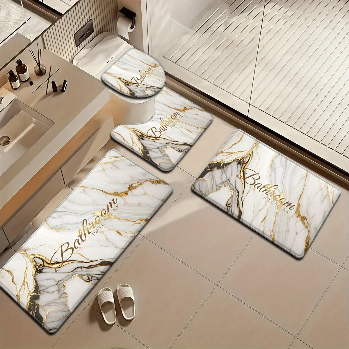 Conjunto de banheiro de mármore dourado de 3 peças – assento de vaso sanitário antiderrapante + tapete em forma de U, decoração de banheiro com padrão de mármore branco luxuoso