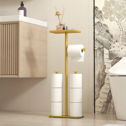 Rack de papel higiênico de chão, rack sanitário de banheiro dourado com bandeja de telefone, rack de armazenamento multifuncional