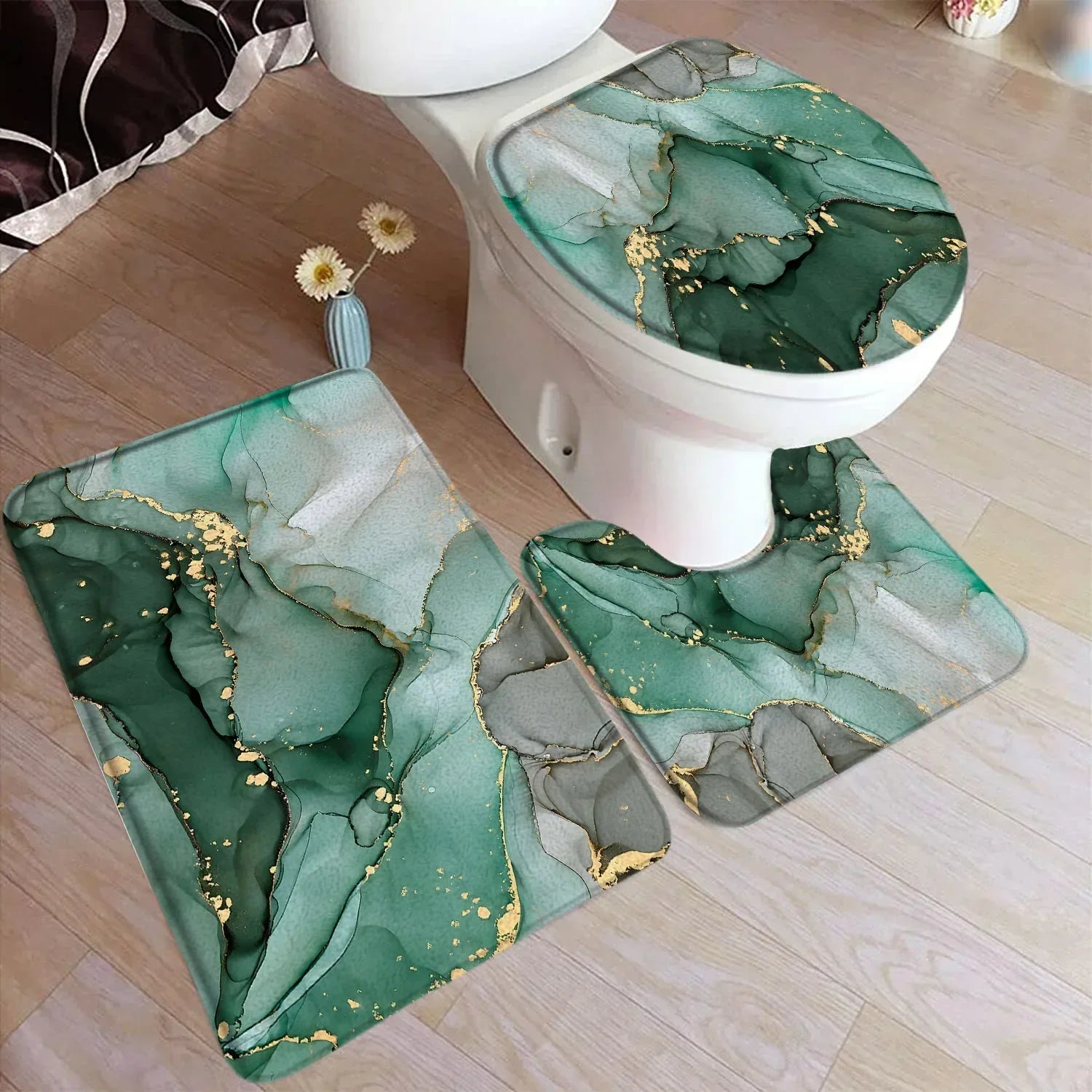 Conjunto de tapete de banho abstrato turquesa, arte moderna com tinta, padrão texturizado, decoração de banheiro, tampa de vaso sanitário