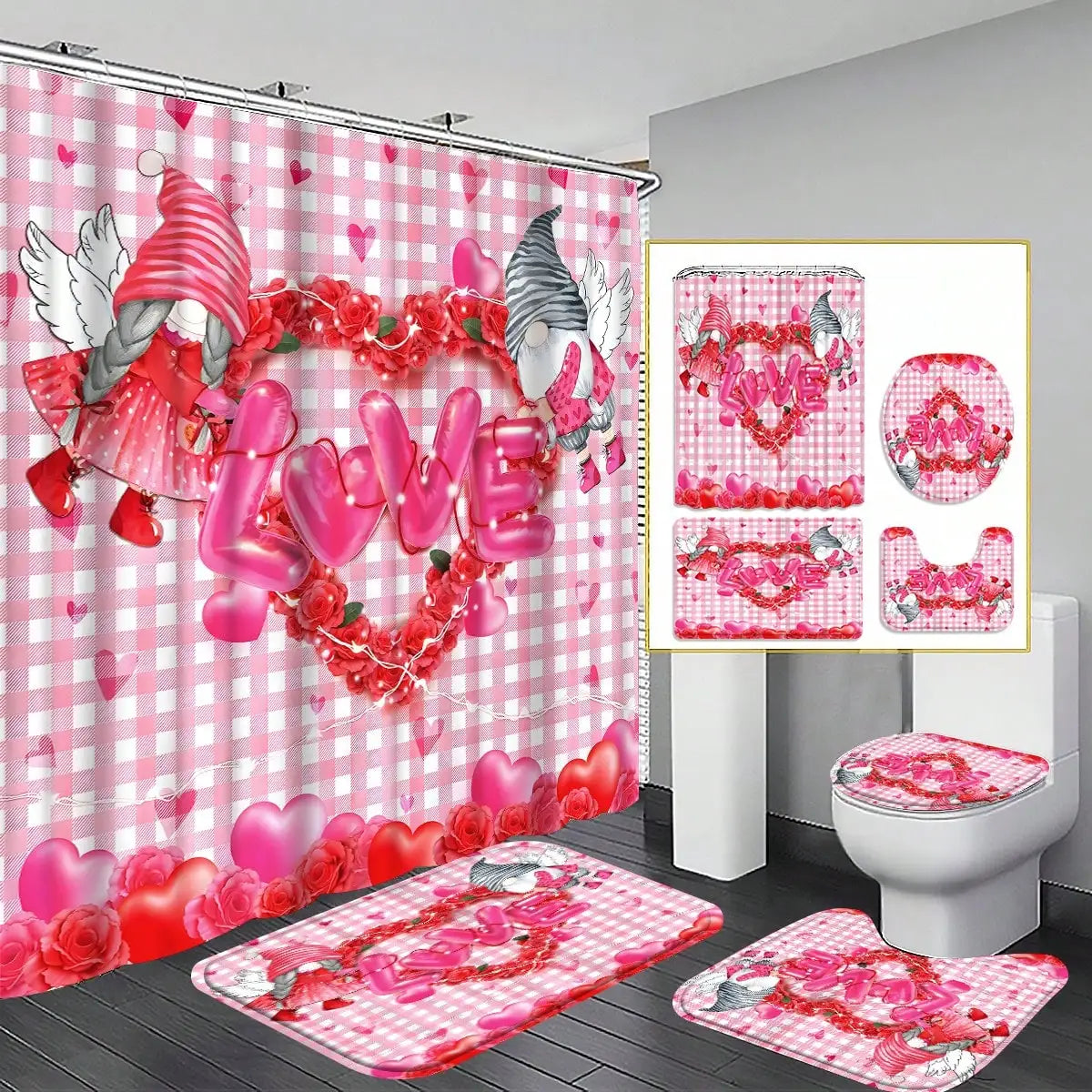 Conjunto de banheiro de 4 peças, cortina de chuveiro de tecido à prova d'água estilo palácio com 12 ganchos, tapete de banheiro antiderrapante, tampa de vaso sanitário em forma de u