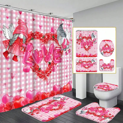 Conjunto de banheiro de 4 peças, cortina de chuveiro de tecido à prova d'água estilo palácio com 12 ganchos, tapete de banheiro antiderrapante, tampa de vaso sanitário em forma de u