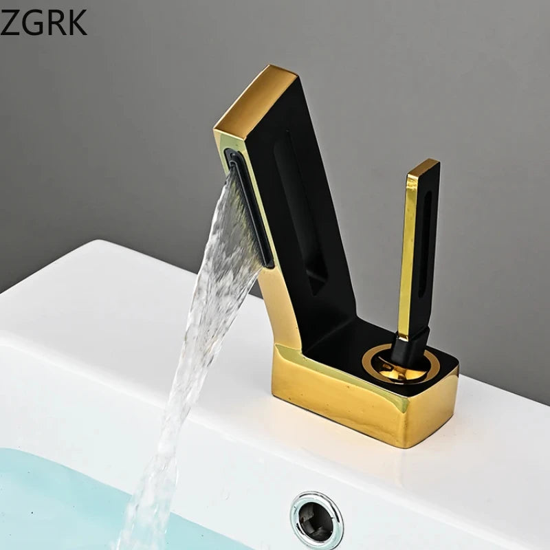 Torneira de cachoeira para banheiro, Torneira de pia de latão, Torneira misturadora de água quente e fria, Esvaziada, Design criativo