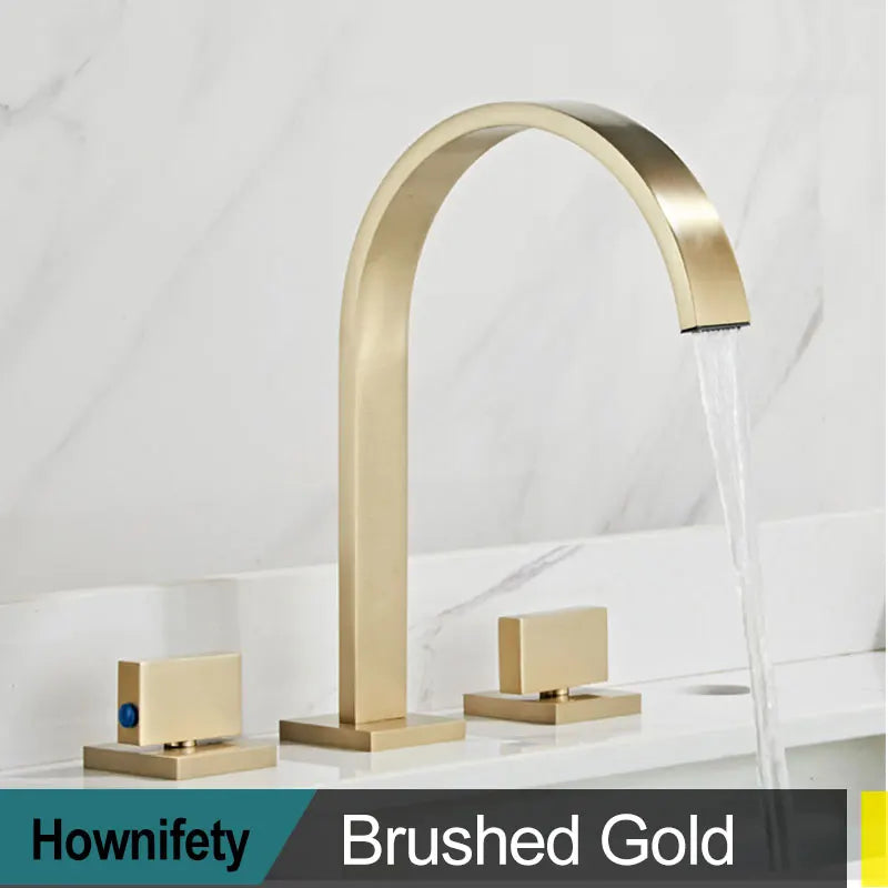 Torneira dourada para pia de banheiro, torneira de água quente e fria com três furos e duas alças, torneira para banheira de lavagem com montagem em deck