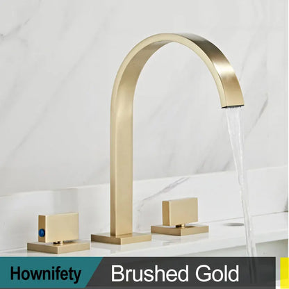 Torneira dourada para pia de banheiro, torneira de água quente e fria com três furos e duas alças, torneira para banheira de lavagem com montagem em deck