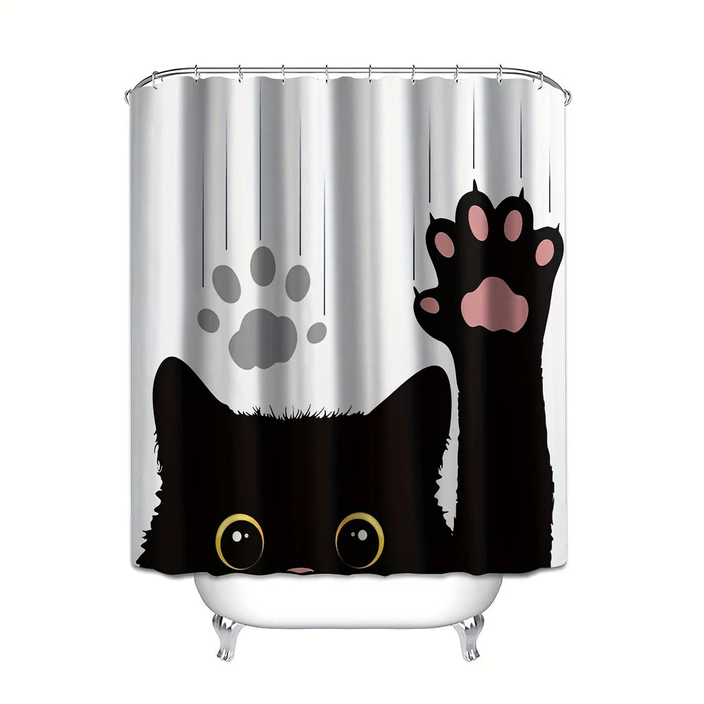 Conjunto de cortina de banheiro de gato preto de 4 peças, conjunto de cortina de banheiro à prova d'água impressa em 3D digital, cortina de banheiro sem furos