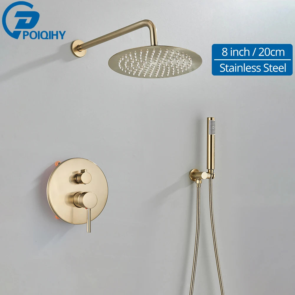 Torneira de chuveiro dourada escovada, embutida em 2 maneiras, misturadores de chuveiro, montagem na parede, chuveiro de banheiro, cabeça de aço inoxidável