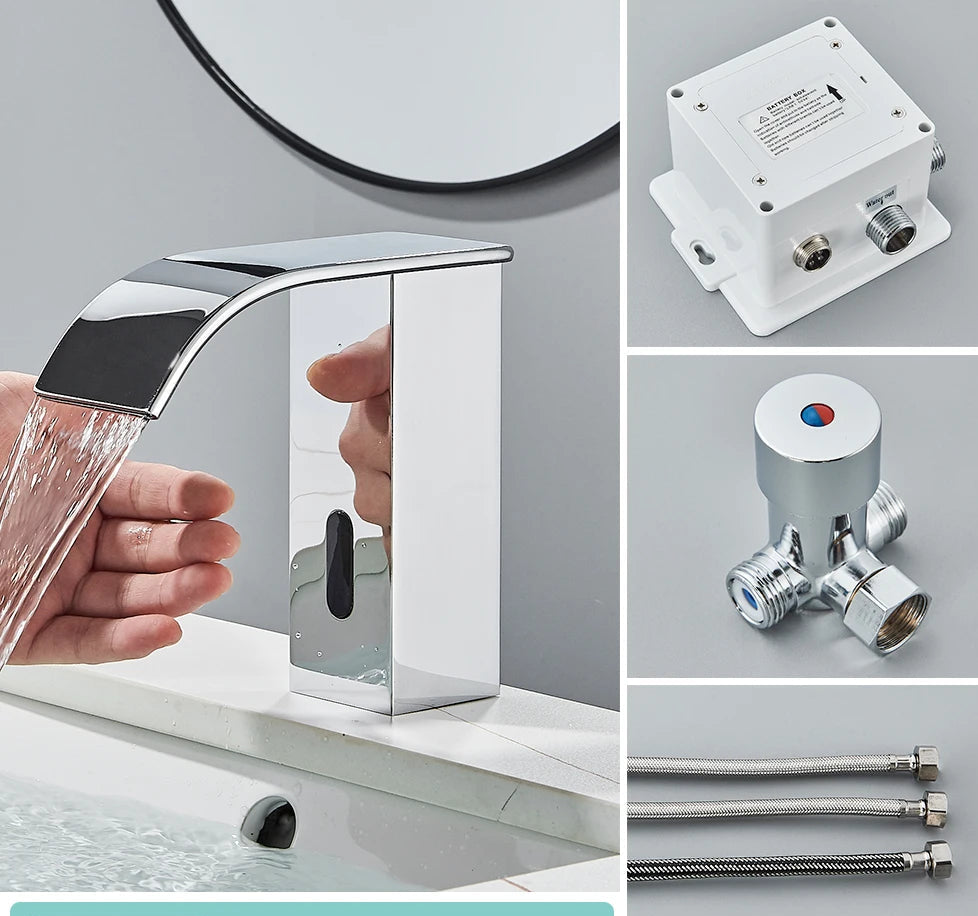 Rozin preto inteligente sensor torneira da bacia do banheiro touchless automático sentido misturador cachoeira água quente e fria lavatório guindaste