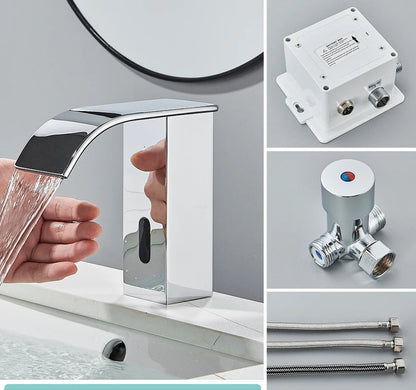 Rozin preto inteligente sensor torneira da bacia do banheiro touchless automático sentido misturador cachoeira água quente e fria lavatório guindaste