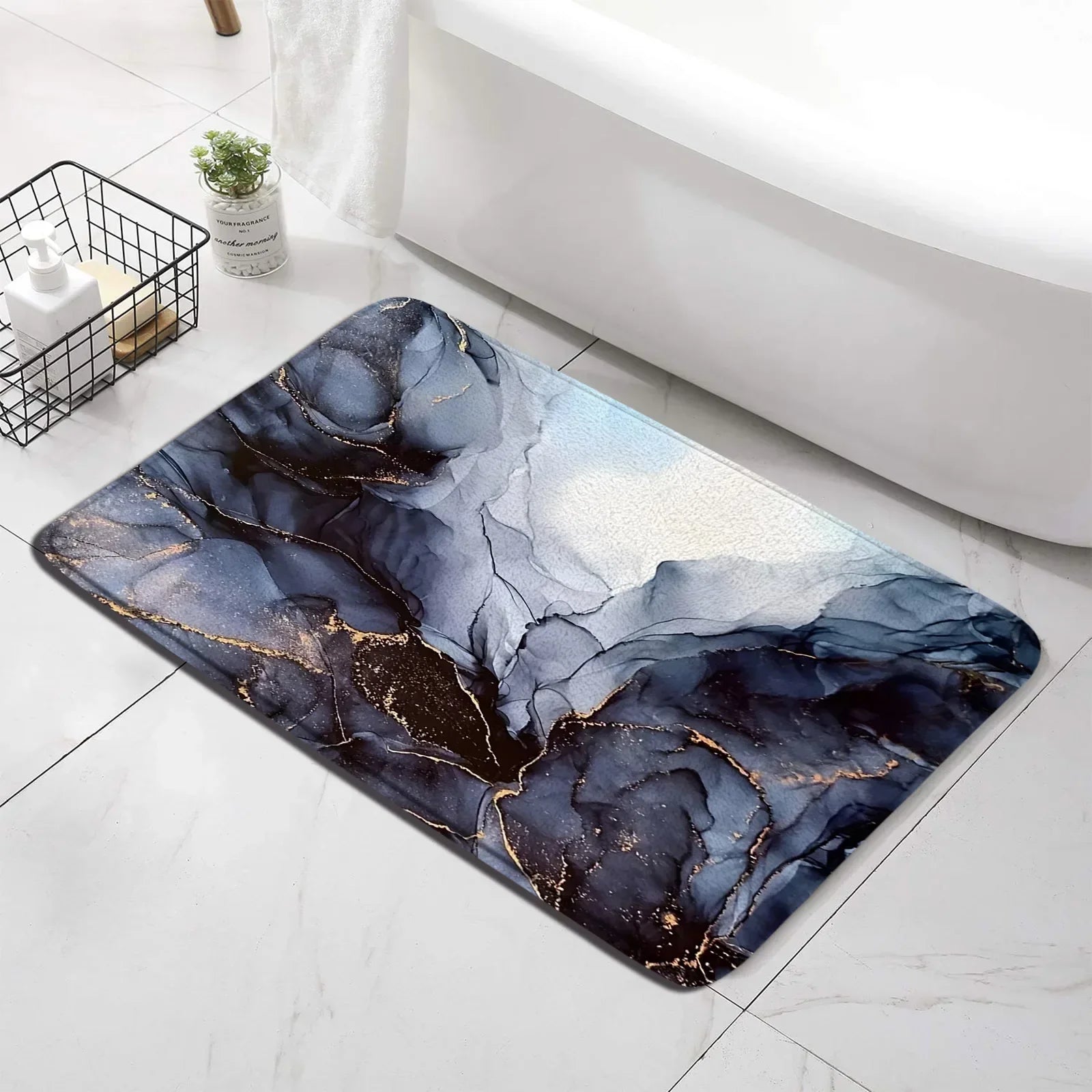 Conjunto de tapete de banho abstrato turquesa, arte moderna com tinta, padrão texturizado, decoração de banheiro, tampa de vaso sanitário