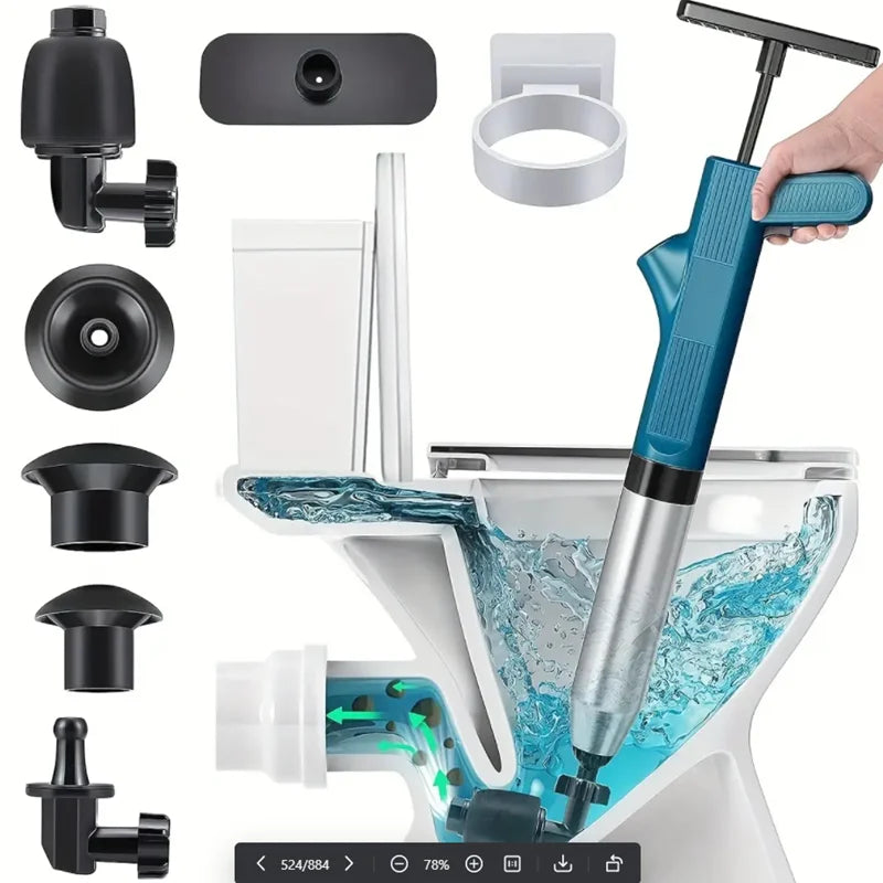 Poderoso êmbolo de vaso sanitário, tubo de aço inoxidável, desbloqueador pneumático de alta pressão, drenagem de ar, conjunto de ferramentas blaster