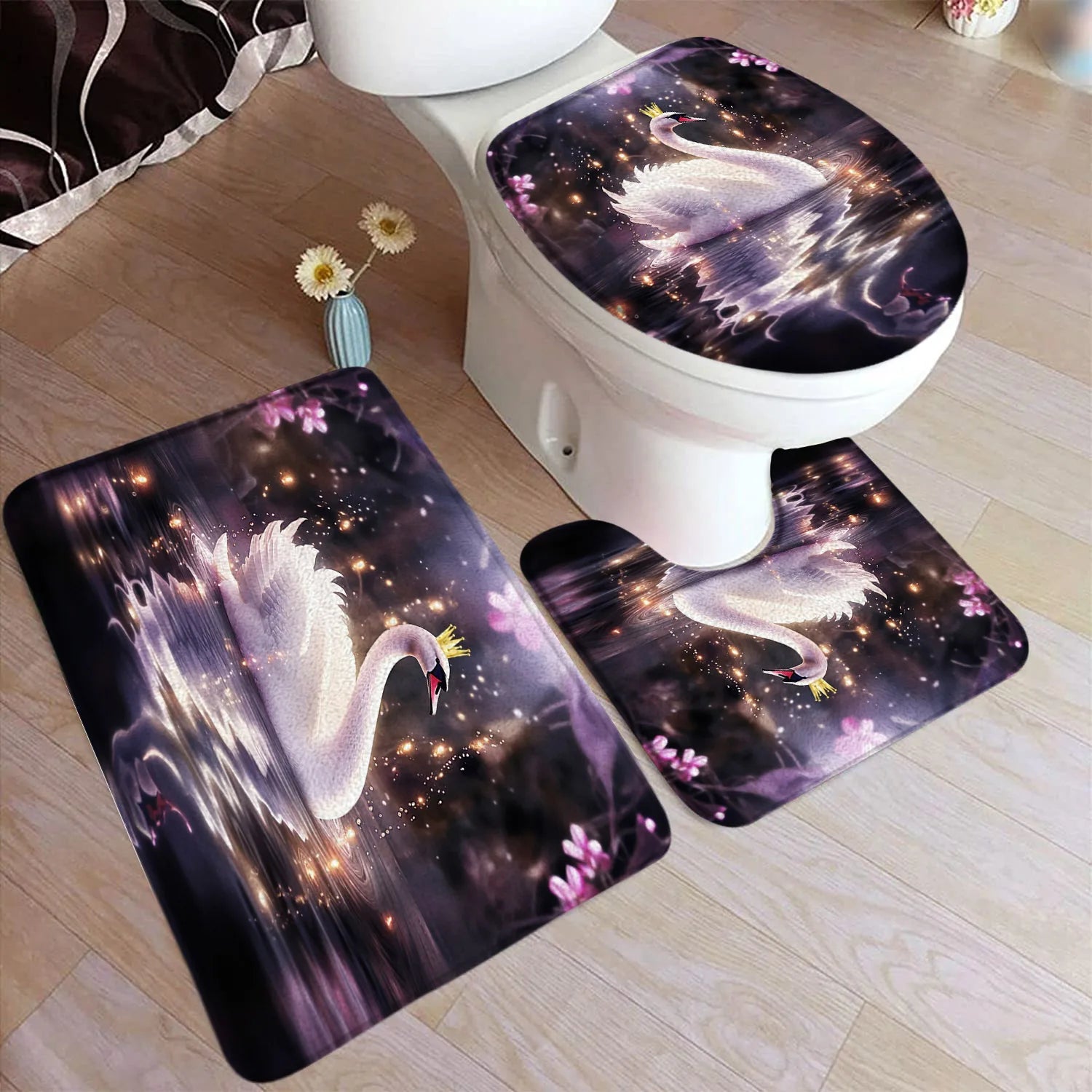 Floral branco cisne conjunto tapete de banho vermelho rosa flor animal reflexão água preto casa tapete decoração do banheiro tapetes capa toalete