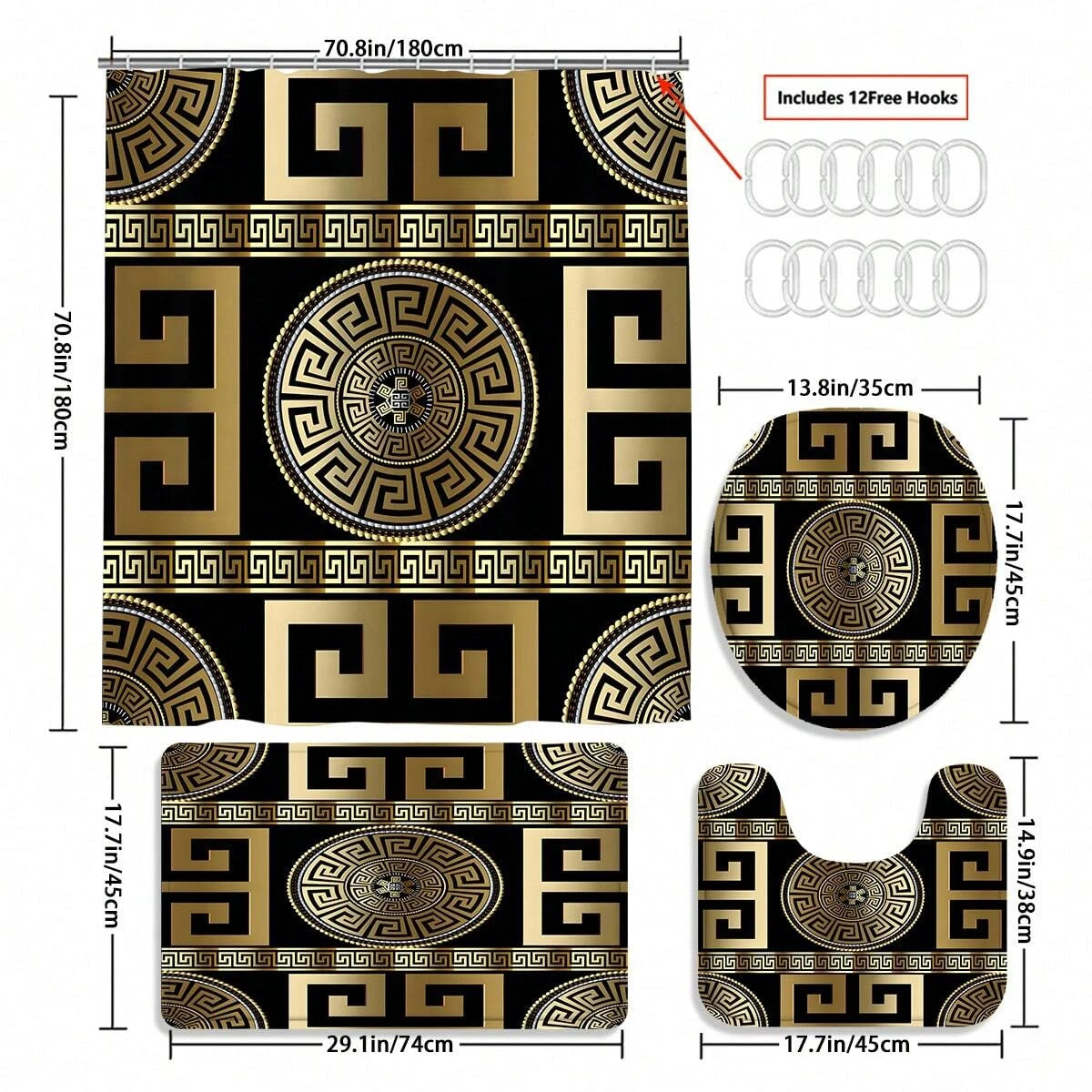 Conjunto de banheiro de 4 peças, cortina de chuveiro de tecido à prova d'água estilo palácio com 12 ganchos, tapete de banheiro antiderrapante, tampa de vaso sanitário em forma de u