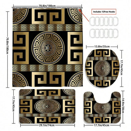 Conjunto de banheiro de 4 peças, cortina de chuveiro de tecido à prova d'água estilo palácio com 12 ganchos, tapete de banheiro antiderrapante, tampa de vaso sanitário em forma de u