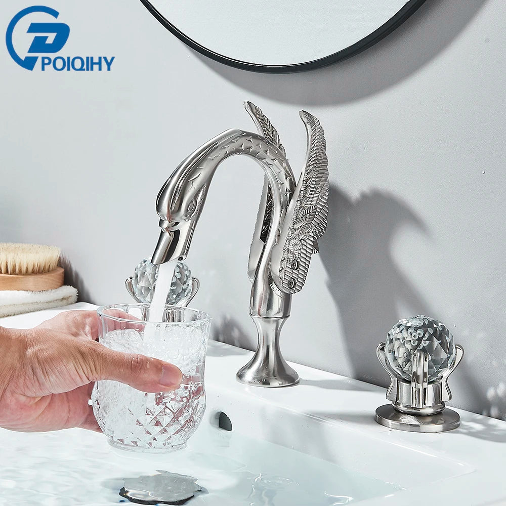 Poiqihy cisne torneira da bacia deck montado navio do banheiro pia misturadora alças duplas 3 furos generalizada torneira do banheiro dourada