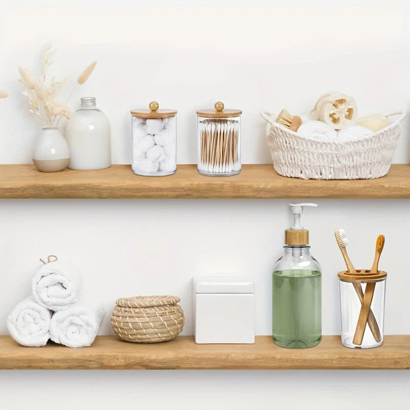 Conjunto de 4 acessórios de banheiro de bambu, dispensador de sabonete, suporte de escova de dentes, 2 potes de suporte de cotonete, decoração de banheiro do país boêmio