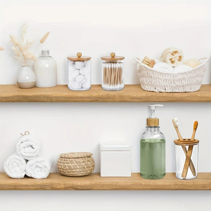 Conjunto de 4 acessórios de banheiro de bambu, dispensador de sabonete, suporte de escova de dentes, 2 potes de suporte de cotonete, decoração de banheiro do país boêmio